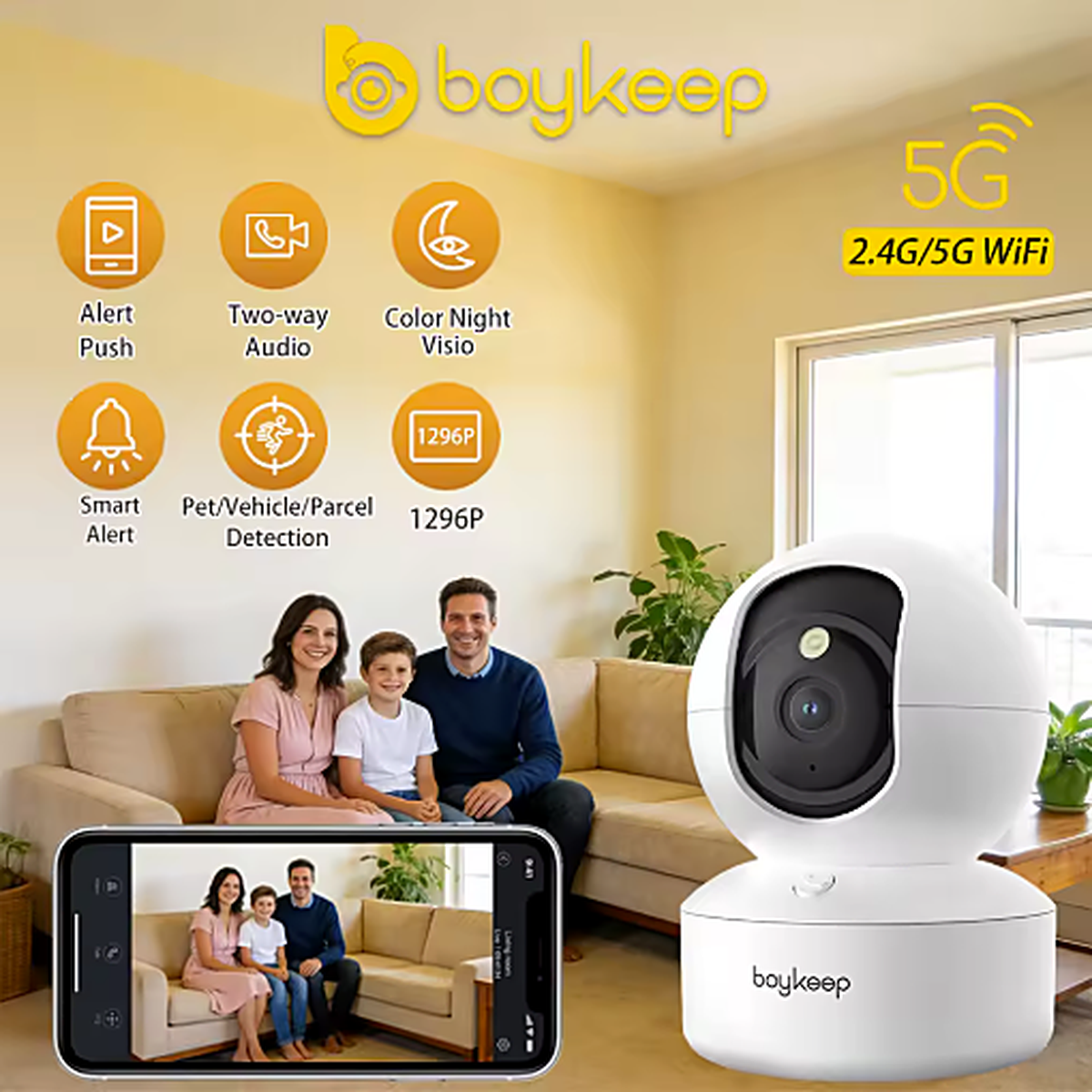 Caméra Surveillance WiFi 2K — 360° Bébé, Animaux, Vision Nocturne