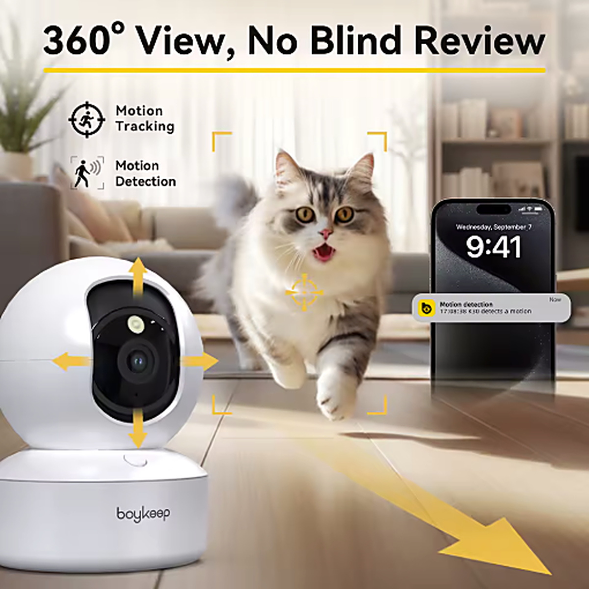 Caméra Surveillance WiFi 2K — 360° Bébé, Animaux, Vision Nocturne