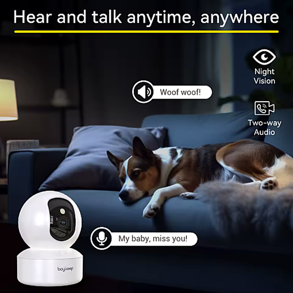 Caméra Surveillance WiFi 2K — 360° Bébé, Animaux, Vision Nocturne