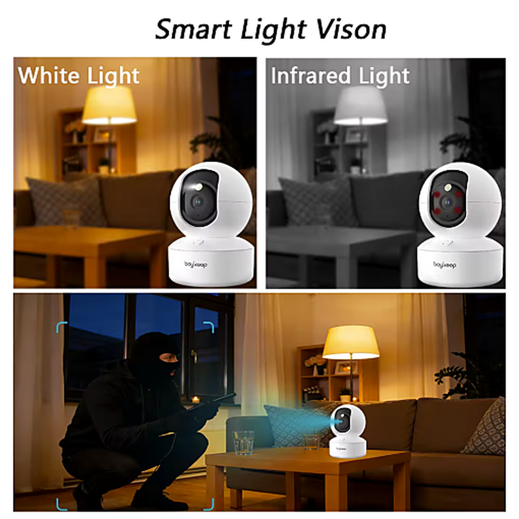 Caméra Surveillance WiFi 2K — 360° Bébé, Animaux, Vision Nocturne