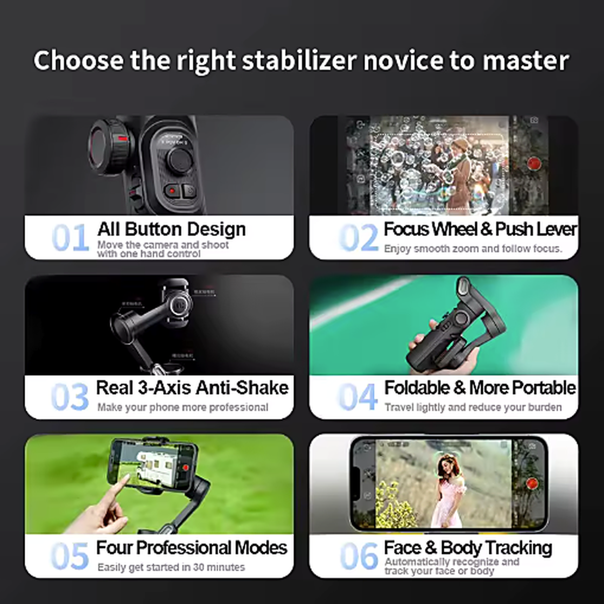 Stabilisateur Smartphone 3 Axes — Suivi Auto et Trépied