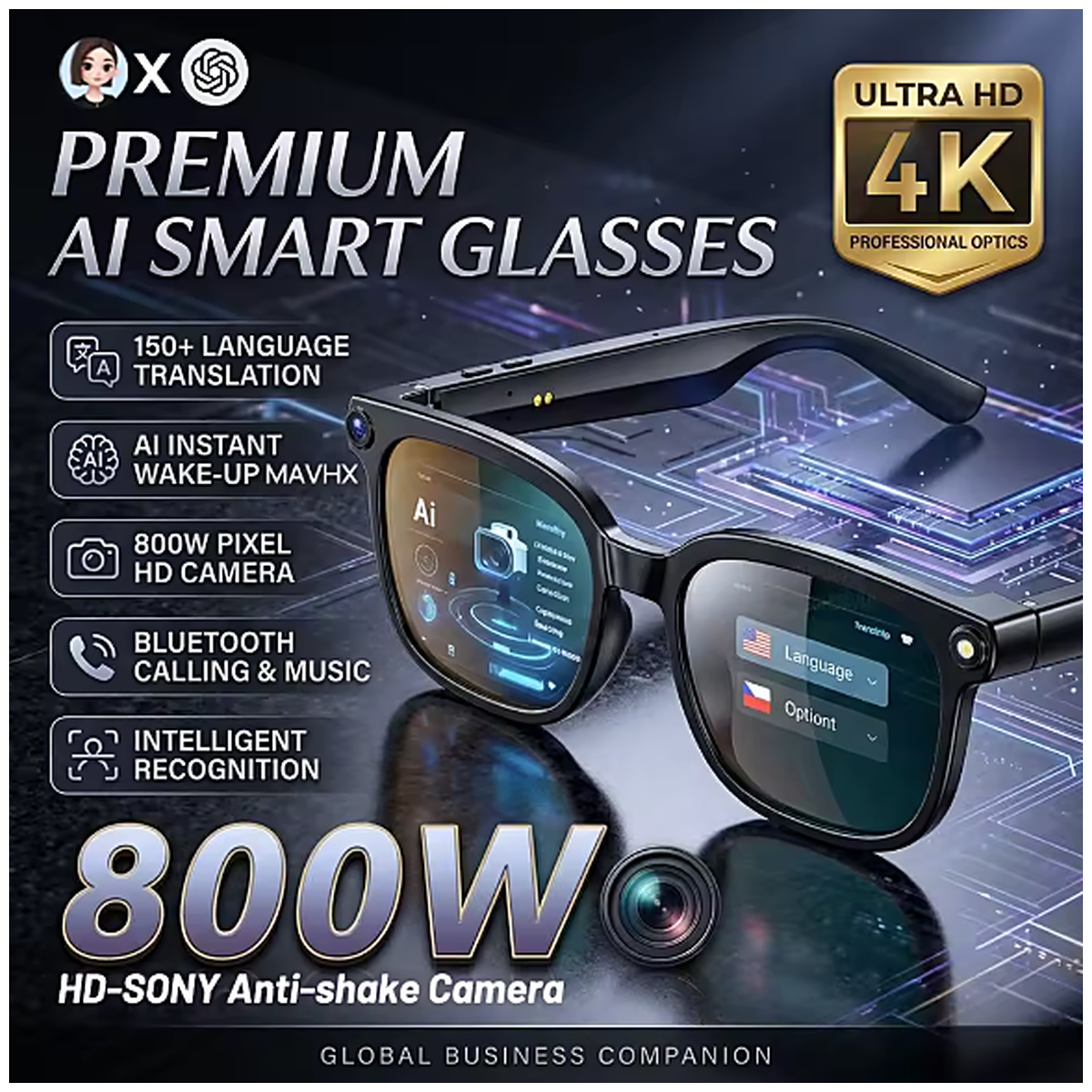 Lunettes Connectées 4K — Caméra 8 MP et Traduction