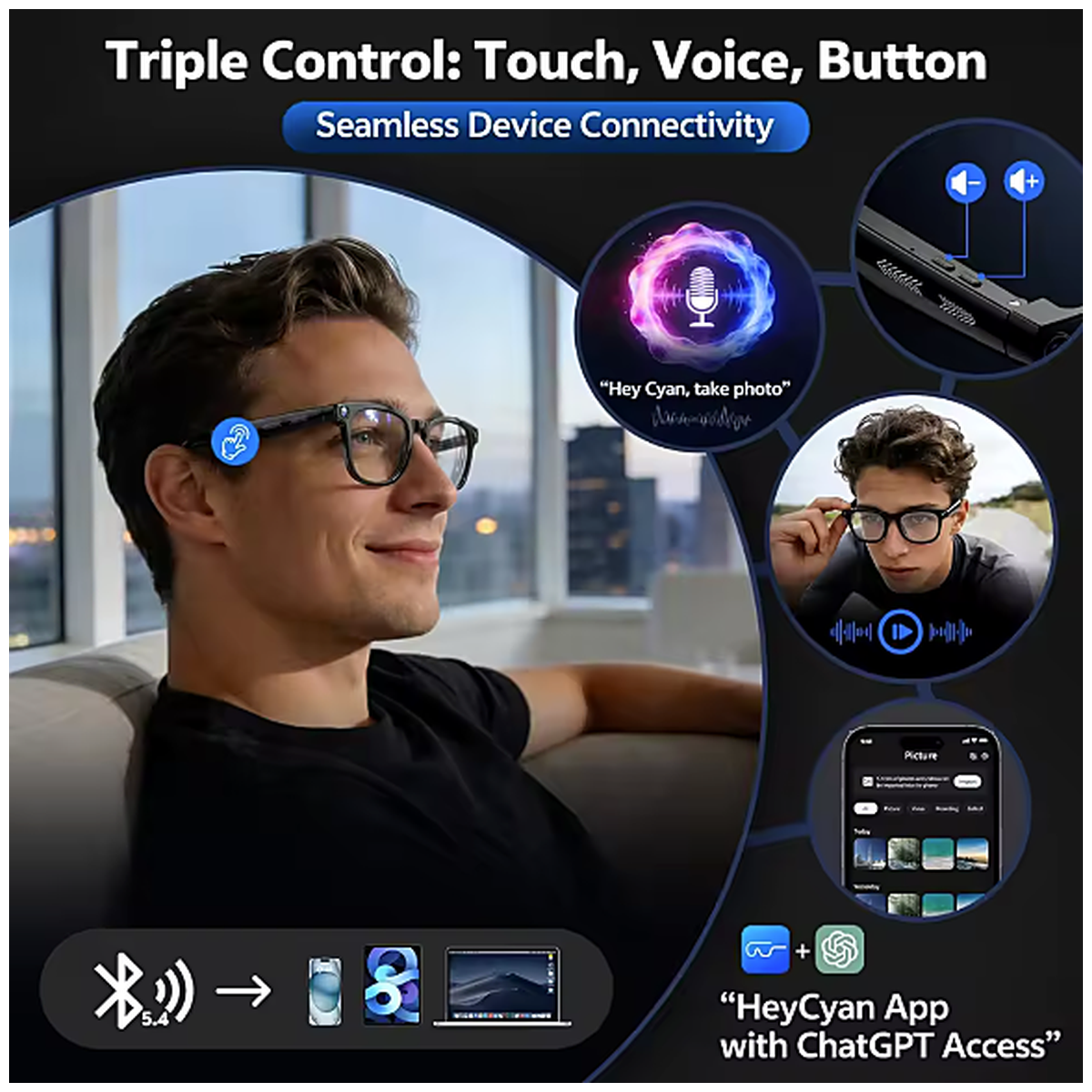 Lunettes Connectées 4K — Caméra 8 MP et Traduction
